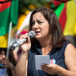 Gökay Akbulut spricht auf einer Demo